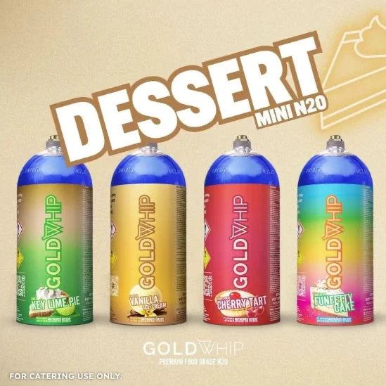 Dessert Flavoured Nitrous Oxide Mini Tanks by GoldWhip – Case of 20 – Four Flavours